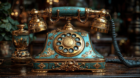 A beautifully detailed antique telephone, showcasing teal and gold accents. The ornate design features intricate carvings and a rotary dial.の素材