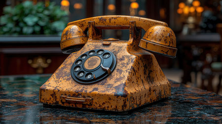 A close-up shot of a vintage rotary phone, heavily weathered with rust and patina, resting on a glossy marble table. The phone's dial and receiver are visible.の素材