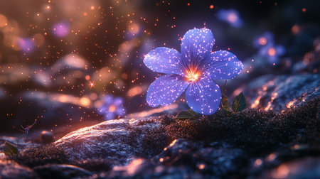 A vibrant blue fantasy flower glows from within, its petals adorned with sparkling light.の素材