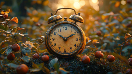 A weathered vintage alarm clock rests on mossy ground surrounded by fallen leaves and hazelnuts, bathed in the warm glow of golden hour sunlight, evoking nostalgia and the passage of time.の素材