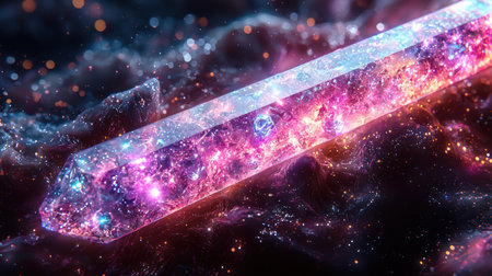 A close-up, macro view of a faceted crystal wand, appearing to contain a miniature galaxy with swirling pink and purple nebulae and sparkling stars.の素材