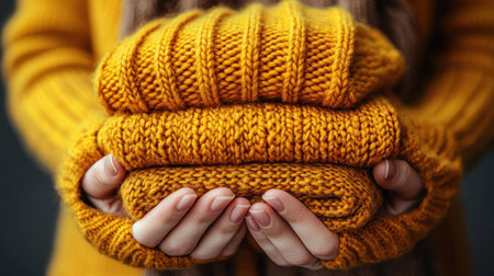 Close-up of a woman's hands gently holding a stack of folded, golden yellow knitted sweaters, evoking warmth and comfort. Soft lighting highlights the texture of the knitwear.の素材