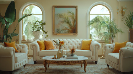 A serene, sunlit living room featuring a plush white Chesterfield sofa, adorned with golden pillows, and lush tropical plants framing arched windows.の素材