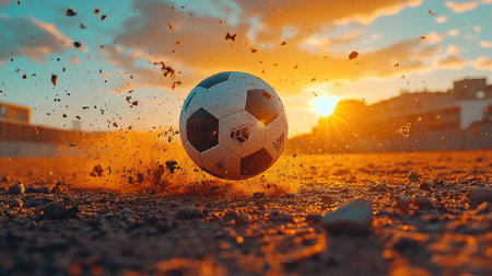 A dynamic, low-angle shot captures a soccer ball mid-air, kicking up a cloud of dust and debris on a rough field against a stunning golden hour sunset.の素材