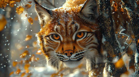 A striking close-up of a lynx in winter, its orange fur dusted with snow, piercing golden eyes focused intently, framed by a tree and falling leaves.の素材