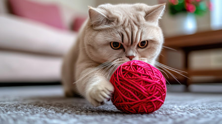 An adorable British Shorthair cat with an intense, focused expression plays with a vibrant red ball of yarn on a soft grey carpet in a cozy home interior.の素材