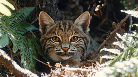 A captivating close-up of a bobcat, its amber eyes piercing through the ferns and forest floor. The wildcat's striped fur blends with the natural setting, creating a sense of mystery.の素材