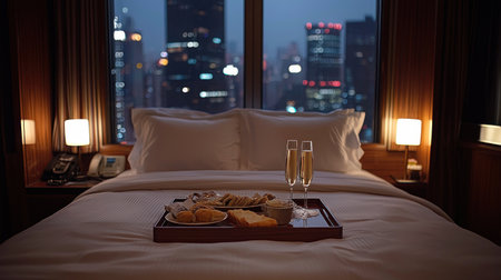 A cozy hotel room featuring a bed with champagne and snacks, set against a backdrop of a blurred cityscape at night, creating a romantic and luxurious ambiance.の素材