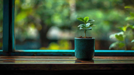 A small, vibrant green plant in a teal ceramic pot sits on a wooden windowsill. Soft, natural light illuminates the plant, contrasting with the blurred green background of foliage.の素材