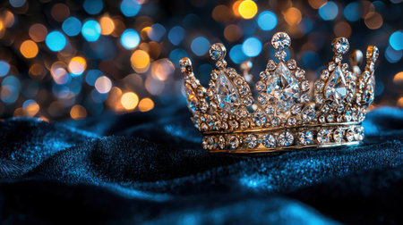 A stunning gold crown, richly embellished with sparkling diamonds, sits on luxurious dark blue velvet. The vibrant, out-of-focus bokeh lights create a magical, festive backdrop.の素材