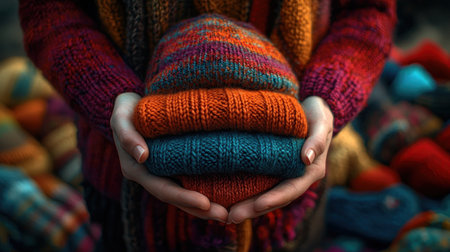 A person's hands tenderly cradle a stack of vibrantly colored knitted hats. The close-up shot highlights the texture of the wool and the warmth of the colors, evoking feelings of comfort and autumn.の素材