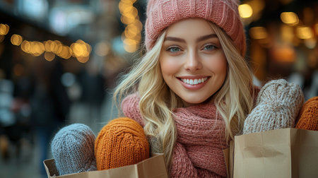 A beautiful blonde woman smiles brightly, wearing a pink hat and scarf. She holds shopping bags filled with knitted hats.の素材