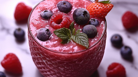 A vibrant, thick mixed berry smoothie in a textured glass, garnished with frosted blueberries, a raspberry, and fresh mint. A healthy, refreshing drink seen from a top-down view.の素材