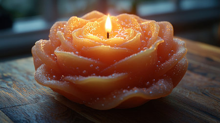An exquisite rose-shaped candle, alight and covered in delicate water droplets, casts a warm, inviting glow on a textured wooden surface, creating a serene and romantic ambiance.の素材