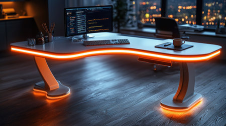 A modern, futuristic desk illuminated with orange LED lights, featuring a computer setup and a cup of coffee.の素材