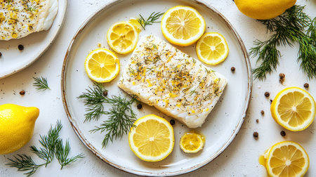 Overhead shot of a cod fillet seasoned with dill and lemon slices on a rustic plate, creating a fresh and appetizing culinary still life with bright, natural lighting.の素材