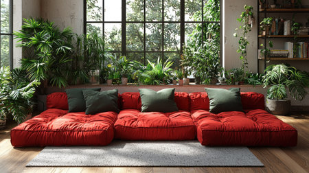 A serene living room filled with lush greenery, featuring a striking red modular sofa and large windows that flood the space with natural light.の素材