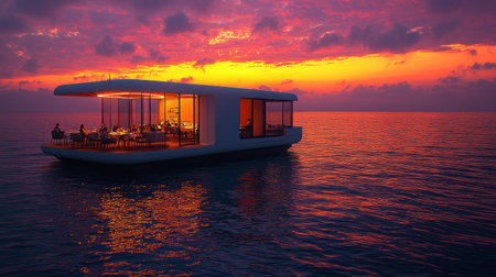 A sleek, modern floating restaurant with glass walls glows warmly as people dine against a spectacular, fiery sunset reflecting on the calm ocean.の素材