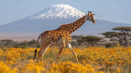 A solitary giraffe walks gracefully through a vibrant field of yellow wildflowers, with the iconic snow-capped peak of Mount Kilimanjaro majestically looming in the background under a clear blue sky.の素材
