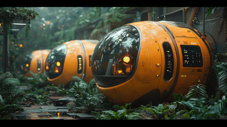 Advanced orange habitat pods line a wet, tiled path in a lush, humid, futuristic jungle. Glowing interiors and reflections create a mysterious, serene sci-fi atmosphere.の素材
