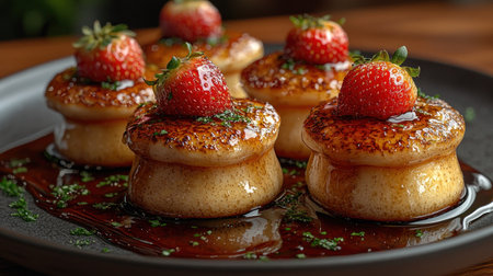 A close-up, artfully composed shot of several individual caramelized puddings, each crowned with a vibrant red strawberry and sprinkled with fresh herbs, resting in a dark, glossy sauce.の素材