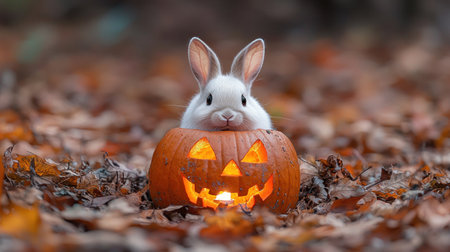 A cute white bunny peeks out from a carved, glowing jack-o'-lantern. The scene is set in autumn, with fallen leaves surrounding the pumpkin.の素材