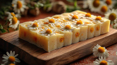 A close-up shot of a handcrafted chamomile soap bar adorned with real chamomile flowers, resting on a rustic wooden board. The soft lighting highlights the soap's texture and floral details.の素材
