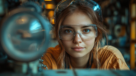 A young woman with striking eyes and auburn hair, wearing clear safety goggles, looks intently forward in a dimly lit workshop.の素材