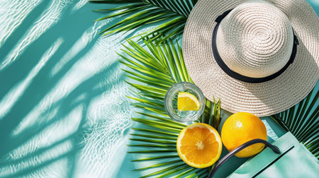 Overhead view of vibrant summer vacation essentials: straw hat, tropical palm leaves, fresh oranges, lemon water, and sunglasses on a teal surface with captivating water ripple shadows.の素材