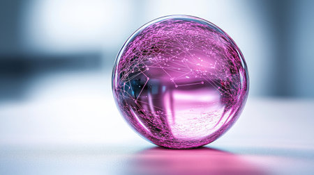 A mesmerizing 3D render of a vibrant magenta digital network encased within a clear glass orb, resting on a reflective surface.の素材