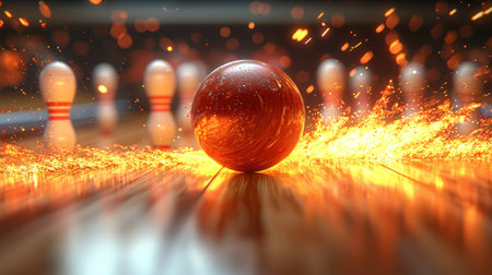 A dynamic, low-angle shot captures a fiery bowling ball blazing down a polished lane, leaving a trail of incandescent sparks and creating a powerful, explosive atmosphere.の素材