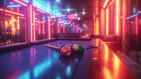 A close-up shot of billiard balls and a cue stick on a pool table, bathed in the vibrant glow of neon lights in a modern nightclub setting.の素材