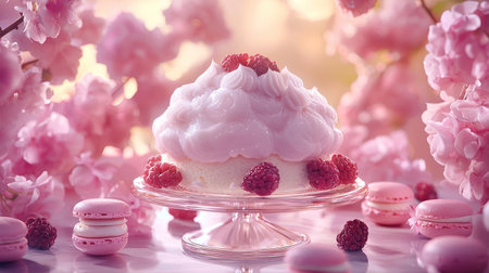 A beautifully styled dessert scene featuring a pink frosted cake adorned with fresh raspberries, surrounded by macarons and soft pink floral elements.の素材