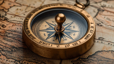 A detailed close-up of an antique brass compass, its needle pointing north, placed on a faded, sepia-toned world map, suggesting adventure and historical journeys.の素材