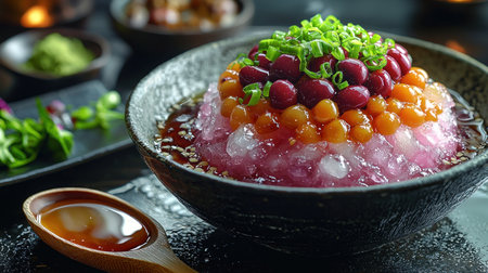 A vibrant, exotic shaved ice dessert featuring colorful tapioca pearls, pink ice, and fresh green onions, served in a rustic bowl with syrup. Close-up, shallow DOF.の素材