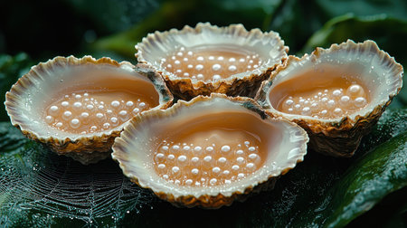 Four oyster shells, each filled with lustrous pearls, rest on a dark, textured surface. The shells' intricate edges and pearlescent interiors contrast with the smooth, round pearls.の素材