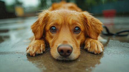 A beautiful golden retriever rests its head on its paws on a wet surface, with raindrops visible on its fur and in the air.の素材