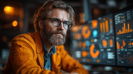 A thoughtful, bearded data scientist in a vibrant orange cardigan analyzes complex charts on dual monitors in a cinematic, low-light setting.の素材