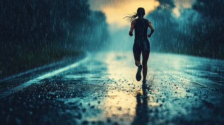 A lone runner sprints down a rain-soaked road, viewed from behind. The image captures the intensity of the downpour, with water droplets and reflections.の素材