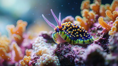 A stunning close-up of a vividly colored nudibranch, showcasing its intricate patterns and delicate purple rhinophores, nestled within a vibrant coral reef.の素材