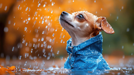 A small, tan and white dog wearing a blue raincoat looks upwards into the falling rain. The background is an out-of-focus autumn scene with orange and green hues.の素材
