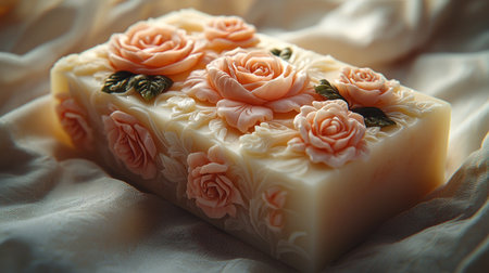 An exquisite bar of artisanal soap, intricately carved with delicate peach roses and leaves, rests on soft, draped fabric. Soft, warm lighting highlights the stunning 3D detail.の素材