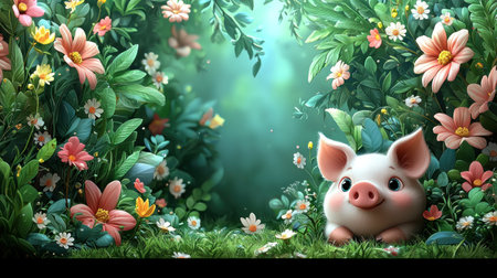 A charming illustration featuring a cute piglet nestled in a vibrant, flower-filled garden. The piglet has big, expressive eyes and a sweet expression.の素材