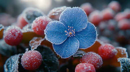 A stunning macro shot captures a vibrant blue flower and crimson berries, intricately covered in sparkling frost crystals on a cold winter morning, highlighting nature's delicate beauty.の素材