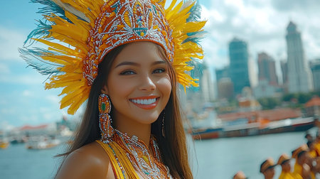 A beautiful young woman in a vibrant feathered headdress and beaded costume smiles joyfully, engaging the viewer at a sunny waterfront festival with a blurred city skyline.の素材