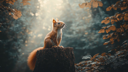 A vibrant red squirrel sits alertly on a textured tree stump, gazing upwards into a sun-drenched autumn forest. Golden light creates a magical, bokeh-filled background.の素材
