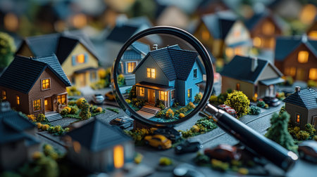 A magnifying glass focuses on a blue house model in a miniature suburban neighborhood, with glowing windows and detailed landscaping, evoking a sense of home search and real estate.の素材