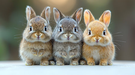 Three adorable, fluffy baby bunnies of different colorsâbrown, grey, and gingerâsit in a perfect row, gazing forward with wide, innocent eyes against a soft, blurred background.の素材