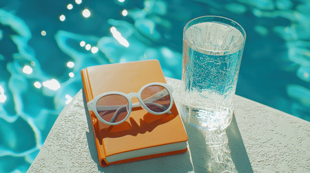Bright orange book, white sunglasses, and refreshing bubbly water on a textured pool edge. Sparkling turquoise water creates a serene summer backdrop for leisure.の素材