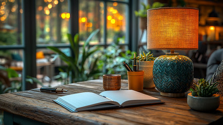 A warmly lit workspace featuring an open notebook, fountain pen, and desk lamp, complemented by potted plants on a rustic wooden table, creating a cozy and inviting atmosphere.の素材